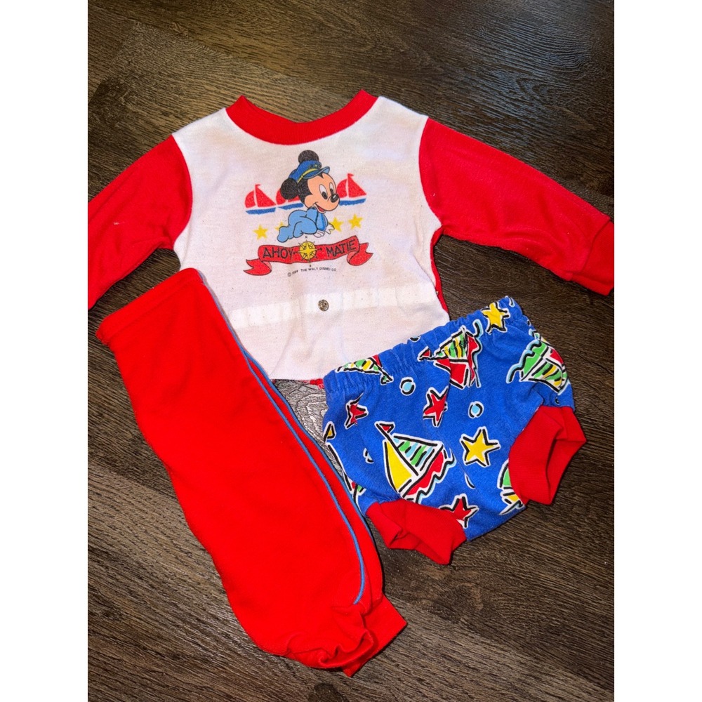 Vintage 1984 Disney Babies Mickey Mouse Ahoy Matie 3 Piece Set Red Blue White
